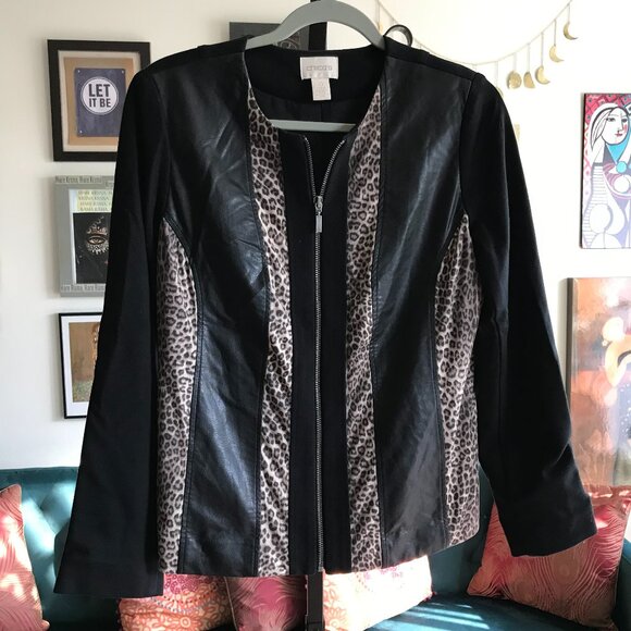 CHICO'S size 0 / S Black Faux Leather & Ponte Leopard Print Accent Zip Jacket - Picture 1 of 4